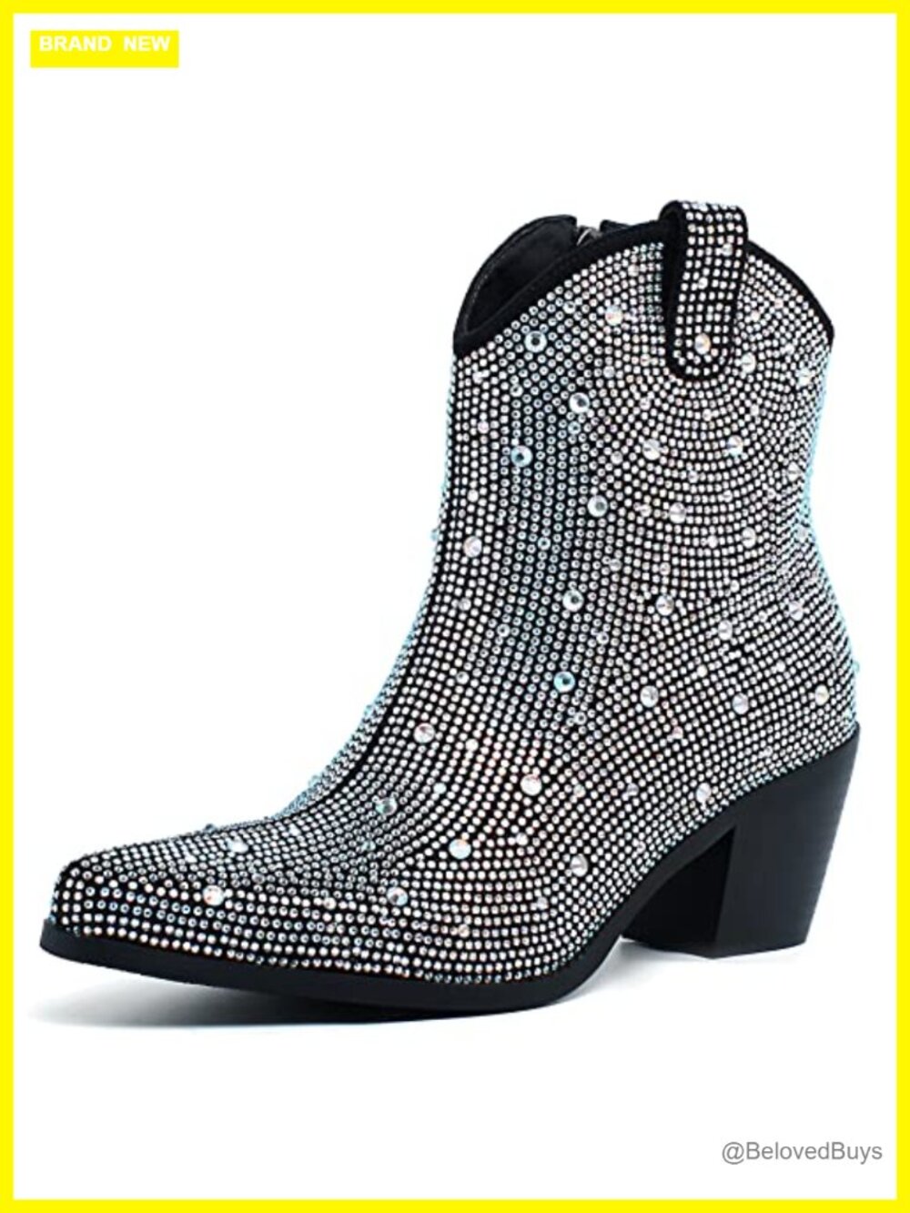 Rhinestone Cowboy Ankle Boots Glitter Chunky Heel Sparkly Pointed Toe Booties